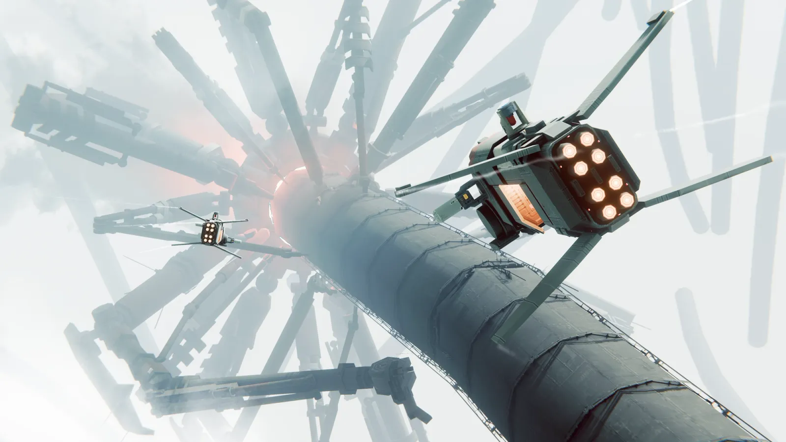 A small gunship flies past a vast pipe structure against a pale sky